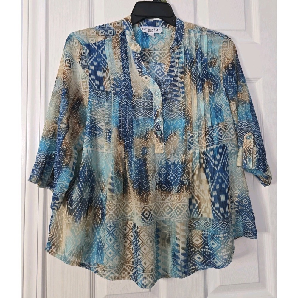 Southern Lady 3/4 Blouse Size PXL Multicolor Vneck Pleated